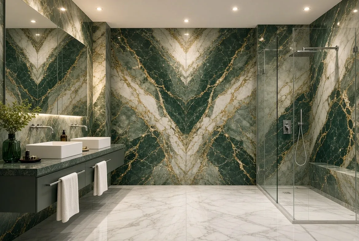 Bagno con pareti in marmo verde aperto a libro, doppio lavabo e doccia in vetro