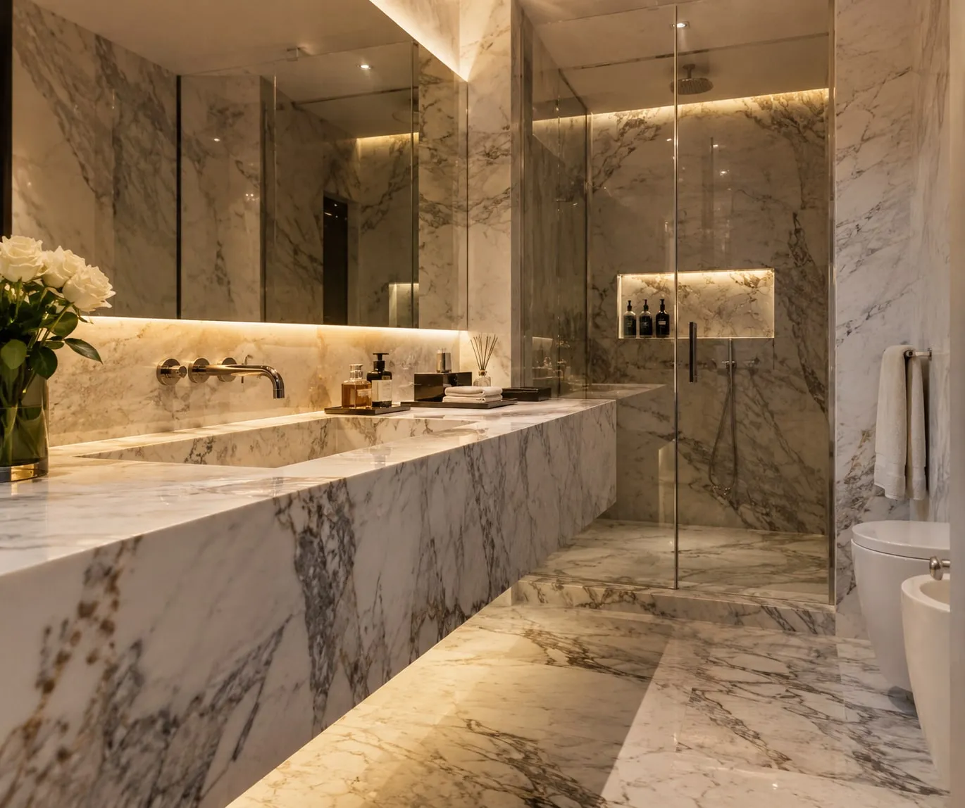 Bagno in marmo bianco venato con lavabo a vasca unica in marmo e doccia in vetro