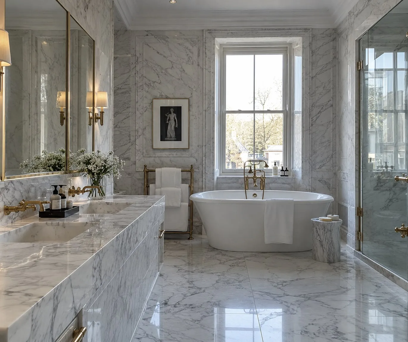 White marble bathroom with a marble-clad vanity unit and freestanding bathtub
