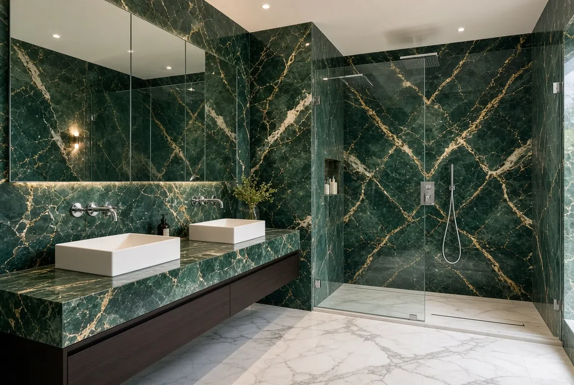 Salle de bains en marbre vert foncé aux veines claires, plans de vasque dans le même marbre et douche vitrée